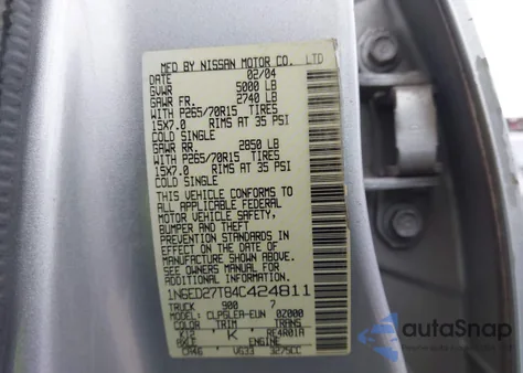 2004 Nissan Frontier Xe-V6 z USA, uszkodzony, nr VIN 1N6ED27T84C424811